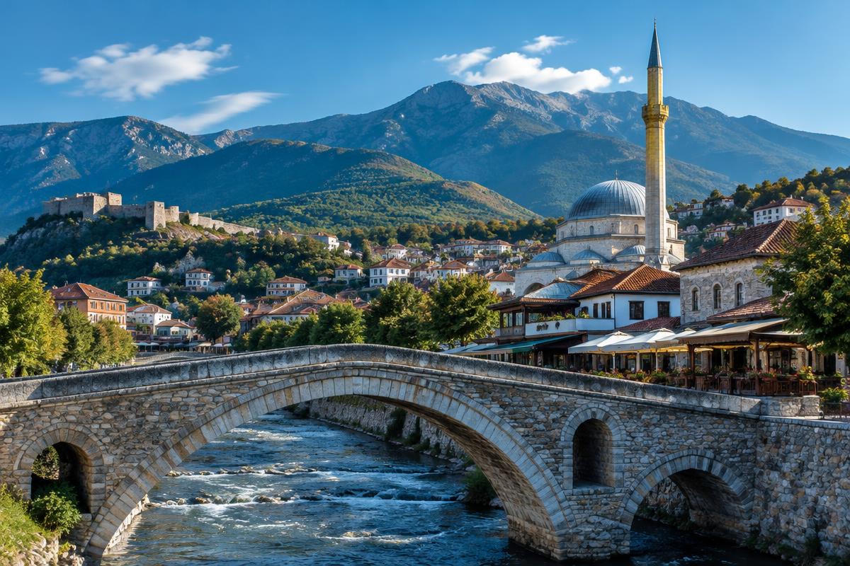 Historic stone bridge and cityscape of Prizren